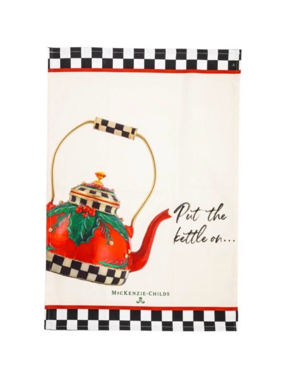 MacKenzie-Childs Red and Green Teapot Kitchen Towel with Black Check Trim